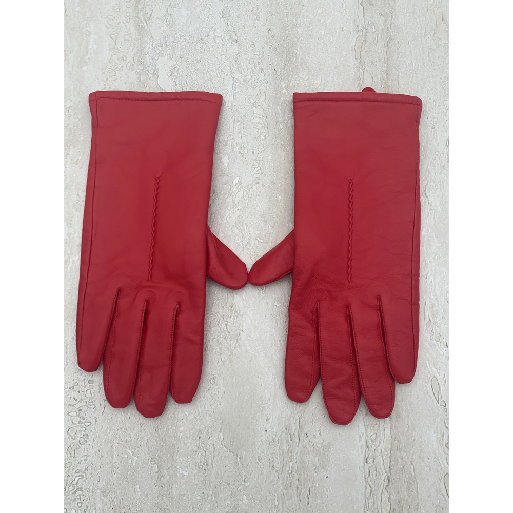 Womens Red Leather Knit Lined Winter Gloves Size 8.5